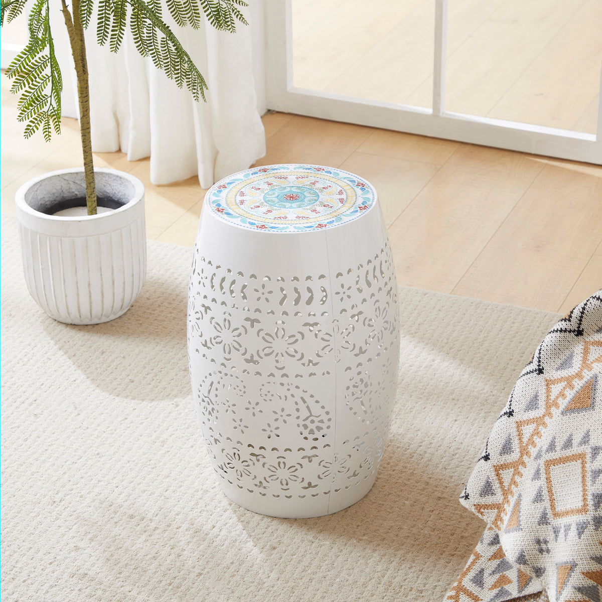 Vibrant Roman Mosaic Side Table – Elegant Ceramic Tile Top & Durable Iron Frame, Perfect for Indoor & Outdoor Use N770P182369W-djyc