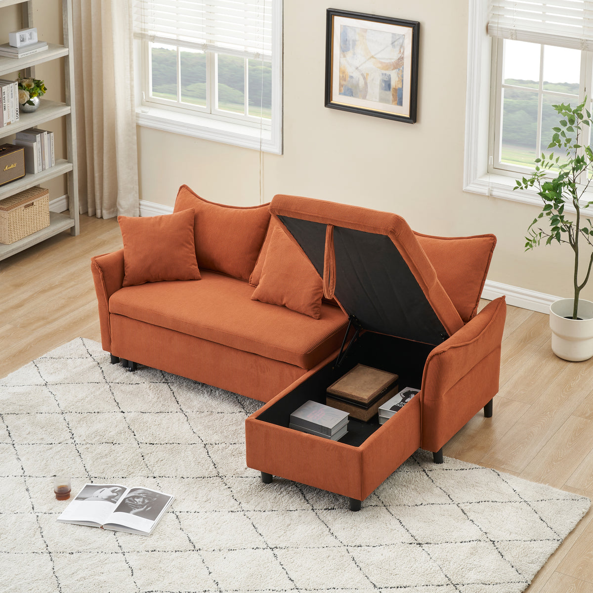 This 80-inch orange corduroy L-shaped sofa comes with two small throw pillows that can be converted into a sofa bed for storage W1278S00026-djyc