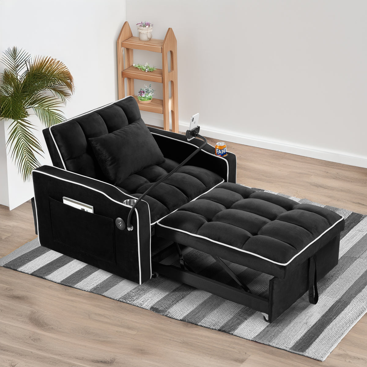 Convertible Sleeper Chair Sofa Bed Adjustable Pull Out Sleeper Chair Bed Multi-Pockets Folding Sofa Bed for Living Room Bedroom Small Space,3-in-1 Sofa Bed, (Black) W2353P186315-djyc