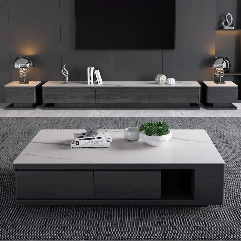 Modern White & Grey Marble Tea Table with Pine Wood and Metal Frame faml-696