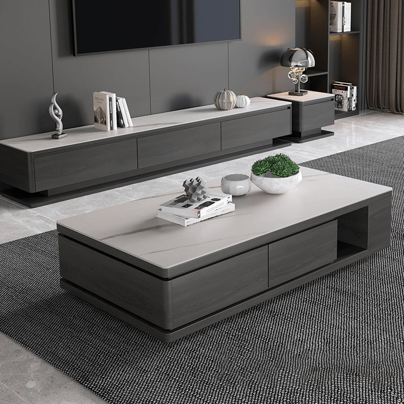 Modern White & Grey Marble Tea Table with Pine Wood and Metal Frame faml-696