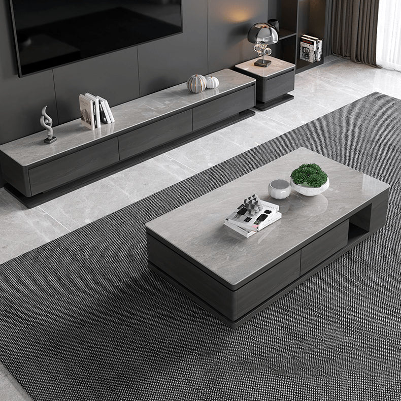 Modern White & Grey Marble Tea Table with Pine Wood and Metal Frame faml-696