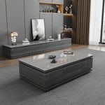 Modern White Glossy Tea Table with Grey Matte Marble and Pine Wood Accents faml-698