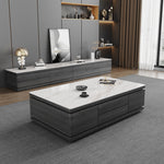 Modern White Glossy Tea Table with Grey Matte Marble and Pine Wood Accents faml-698