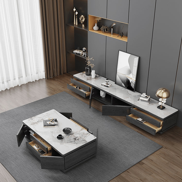 Modern White Glossy Tea Table with Grey Matte Marble and Pine Wood Accents faml-698