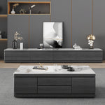 Modern White Glossy Tea Table with Grey Matte Marble and Pine Wood Accents faml-698