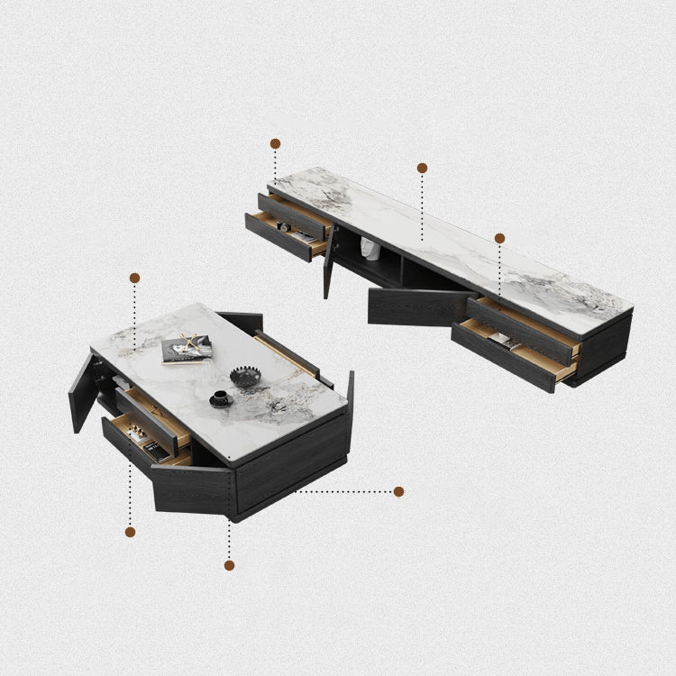 Modern White Glossy Tea Table with Grey Matte Marble and Pine Wood Accents faml-698