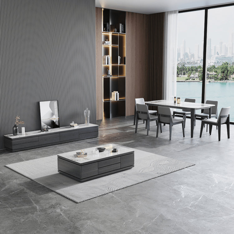 Modern White Glossy Tea Table with Grey Matte Marble and Pine Wood Accents faml-698