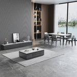 Modern White Glossy Tea Table with Grey Matte Marble and Pine Wood Accents faml-698