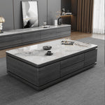 Modern White Glossy Tea Table with Grey Matte Marble and Pine Wood Accents faml-698