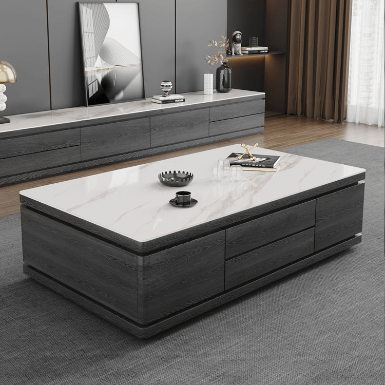 Modern White Glossy Tea Table with Grey Matte Marble and Pine Wood Accents faml-698