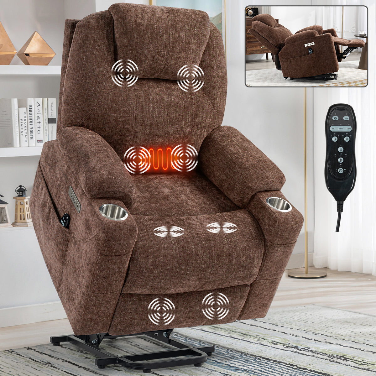 Up to 350 LBS Chenille Power Lift Recliner Chair, Heavy Duty Motion Mechanism with 8-Point Vibration Massage and Lumbar Heating, USB and Type-C Ports, Stainless Steel Cup Holders, Brown W1803S00028-djyc