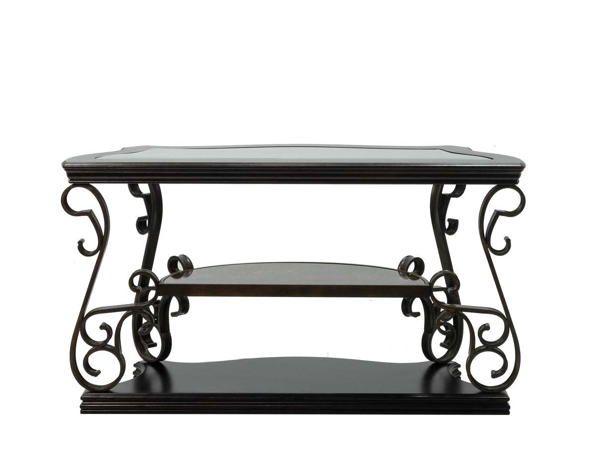 Sofa Table, Glass table top, MDF W/marble paper middle shelf, powder coat finish metal legs. (54"Lx20"Wx30"H) W48720762-djyc