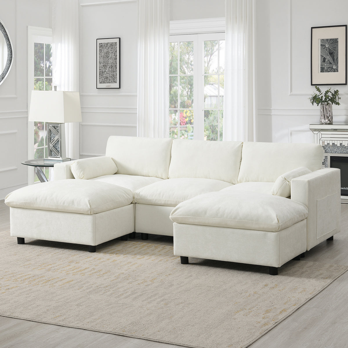 86.5" Chenille White Modular Sectional Sofa – 5-Seat U-Shaped Couch with Storage, Pillows, 2 Ottomans, Free Combination N723S8723A-djyc