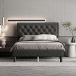 Full size Panel Bed Frame with Adjustable Button-Tufted Headboard for Bedroom/Linen Upholstered/Wood Slat Support/Easy Assembly,Dark Grey W1793140494-djyc