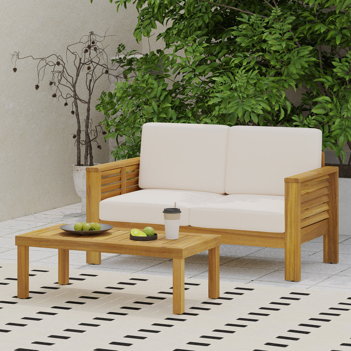 Teak Acacia Wood Loveseat and Coffee Table Set with Cream Cushions 70844-djyc