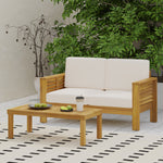 Teak Acacia Wood Loveseat and Coffee Table Set with Cream Cushions 70844-djyc