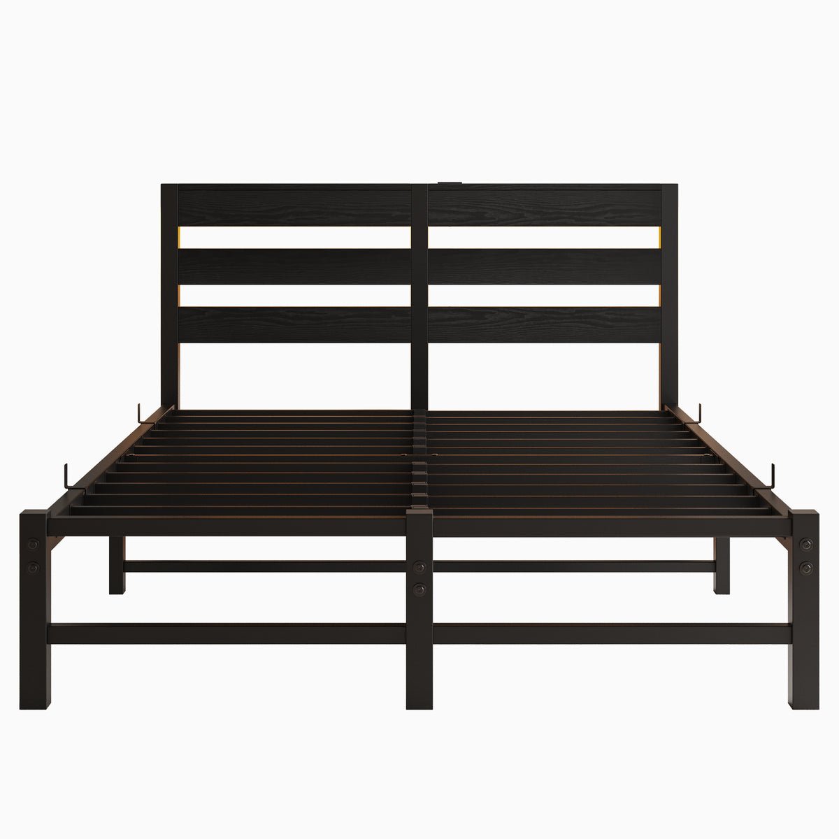 Full Size Metal Bed Frame with Wooden Headboard, RGB Lights, Outlets & Charger, Storage Shelf, Noise-Free, No Box Spring Needed W840P209906-djyc