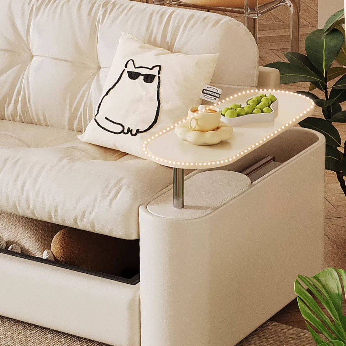 Elegant Light Brown Sofa with Beige and Ash Wood Accents and Stainless Steel Figure - Cotton and Faux Leather Upholstery fbby-1378