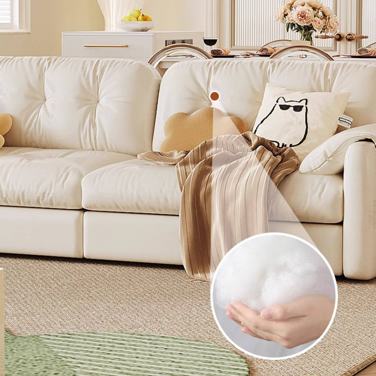 Elegant Light Brown Sofa with Beige and Ash Wood Accents and Stainless Steel Figure - Cotton and Faux Leather Upholstery fbby-1378