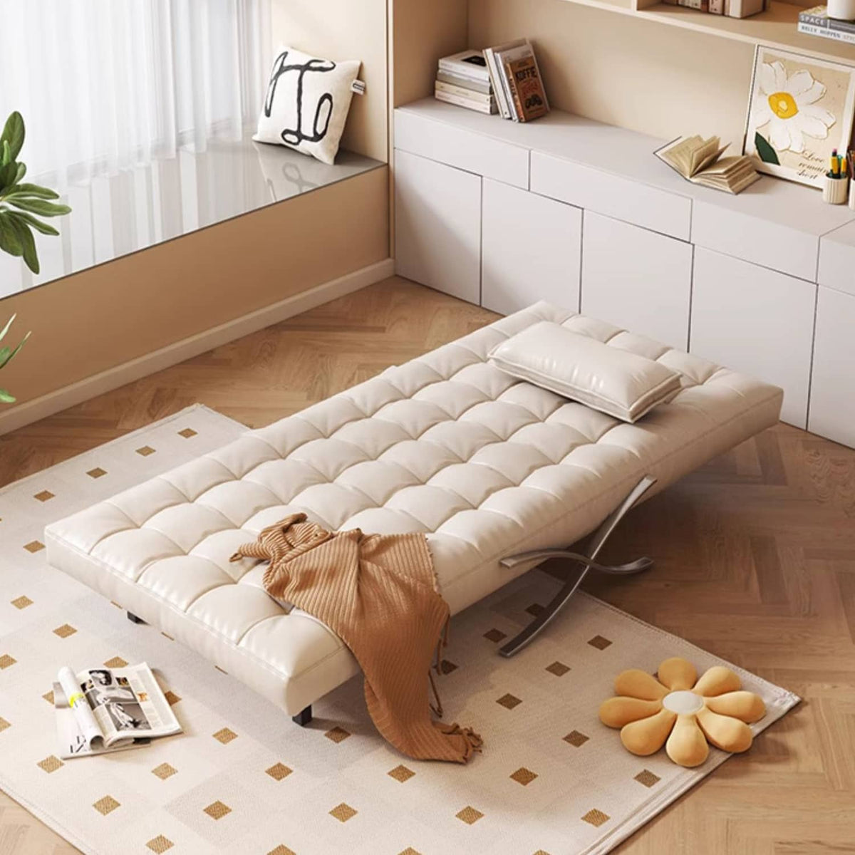 Modern Beige & Black Orange Accented Stainless Steel Faux Leather Sofa fbby-1382