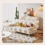Stylish Beige and Orange Faux Leather Sofa with Pine Wood Accents fbby-1383