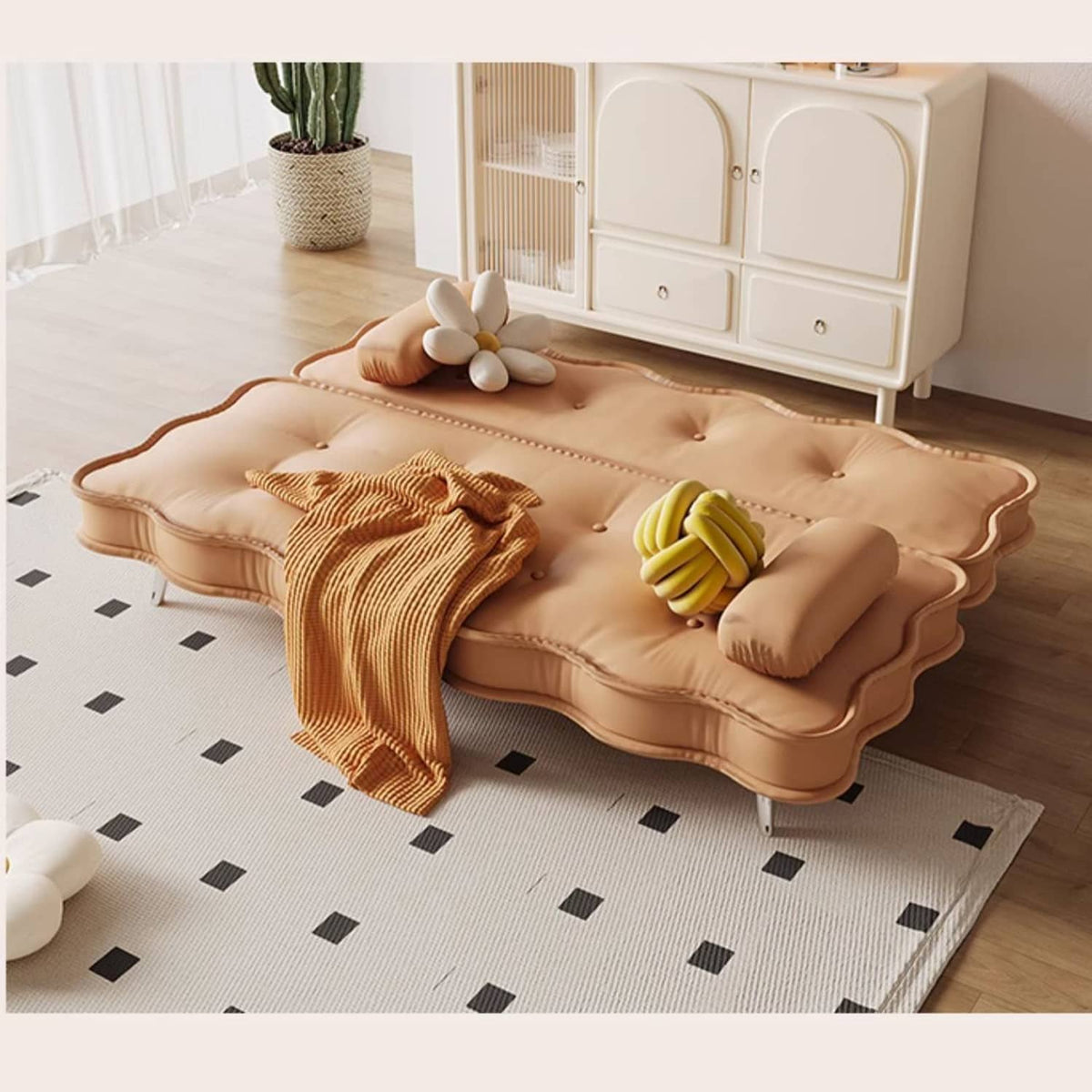 Stylish Beige and Orange Faux Leather Sofa with Pine Wood Accents fbby-1383