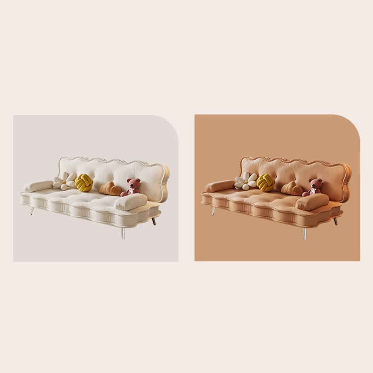 Stylish Beige and Orange Faux Leather Sofa with Pine Wood Accents fbby-1383