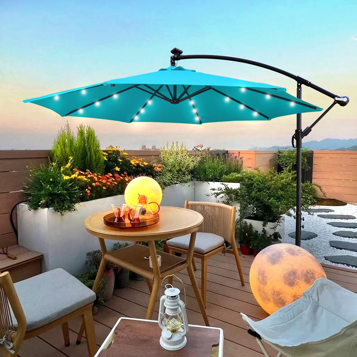 10 ft Outdoor Patio Umbrella Solar Powered LED Lighted Sun Shade Market Waterproof 8 Ribs Umbrella with Crank and Cross Base for Garden Deck Backyard Pool Shade Outside Deck Swimming Pool W65642336-djyc