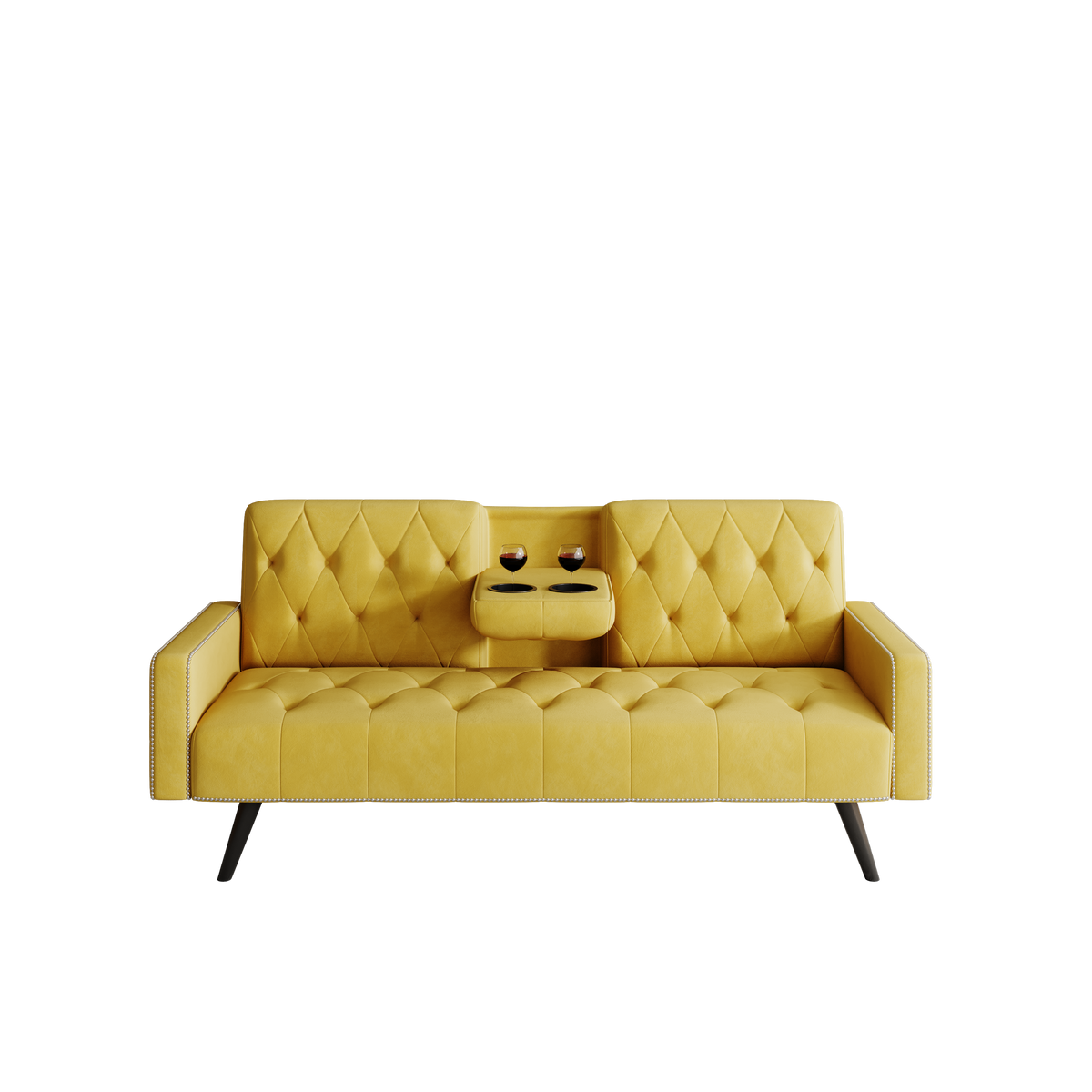 Compact Yellow Velvet Sofa Bed with Nailhead Trim Armrests & Dual Cup Holders - Perfect for Small Spaces, 72-Inch Length W1278P172941-djyc