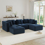 Modern Modular Sectional Sofa for Living Room, Corduroy Fabric,3-Seater Couch with Deep Seat and 2-Movable Ottoman,Pearl-like piping, Tufted Design, No Assembly, Anti-slip Design, Blue-W714S01803