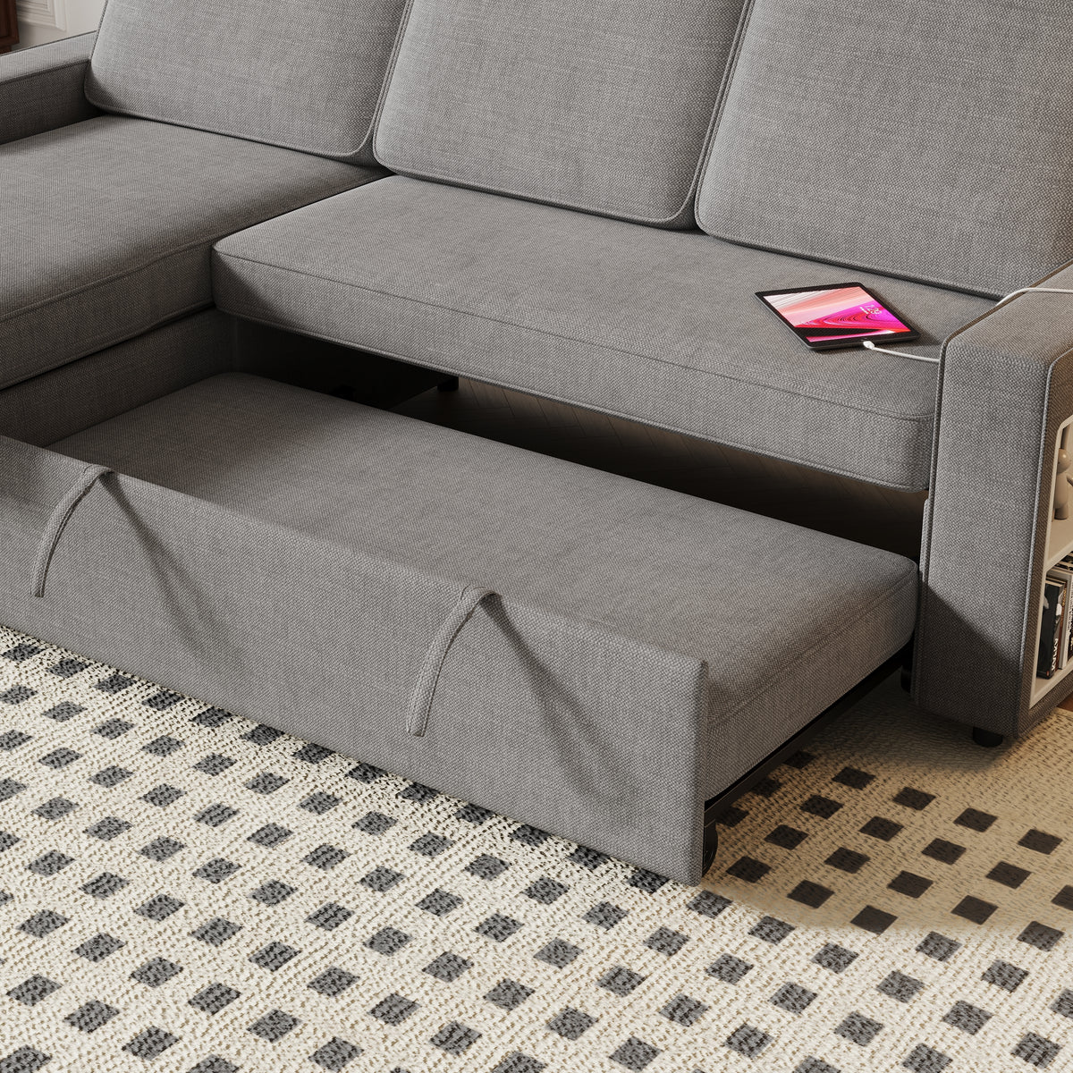 85.8" Pull Out Sleeper Sofa L-Shaped Couch Convertible Sofa Bed with Storage Chaise And Storage Racks,With USB Port And T-pyce Port W834S00268-djyc