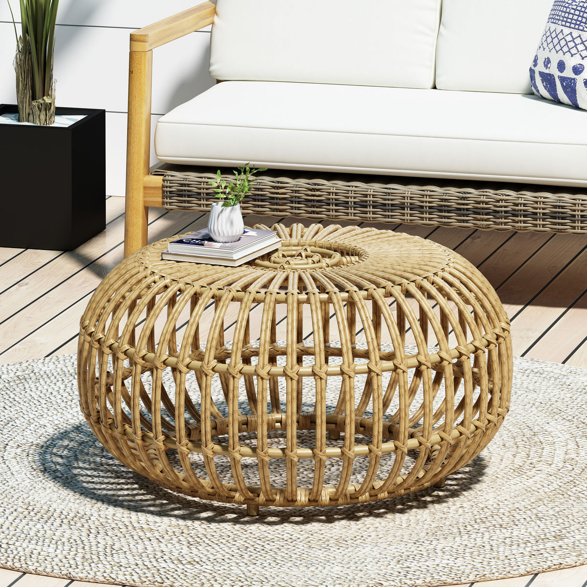 Boho-Inspired Handcrafted Coffee Table – Durable Polyethylene Rattan with Earthy Faux Weave for Unique Outdoor Style 70906-djyc