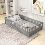 Twin Size Floor bed, integral construction with super high security barrier, door, children's floor bed frame, Montessori wooden children's floor bed, Support slat Grey W1858P164941-djyc