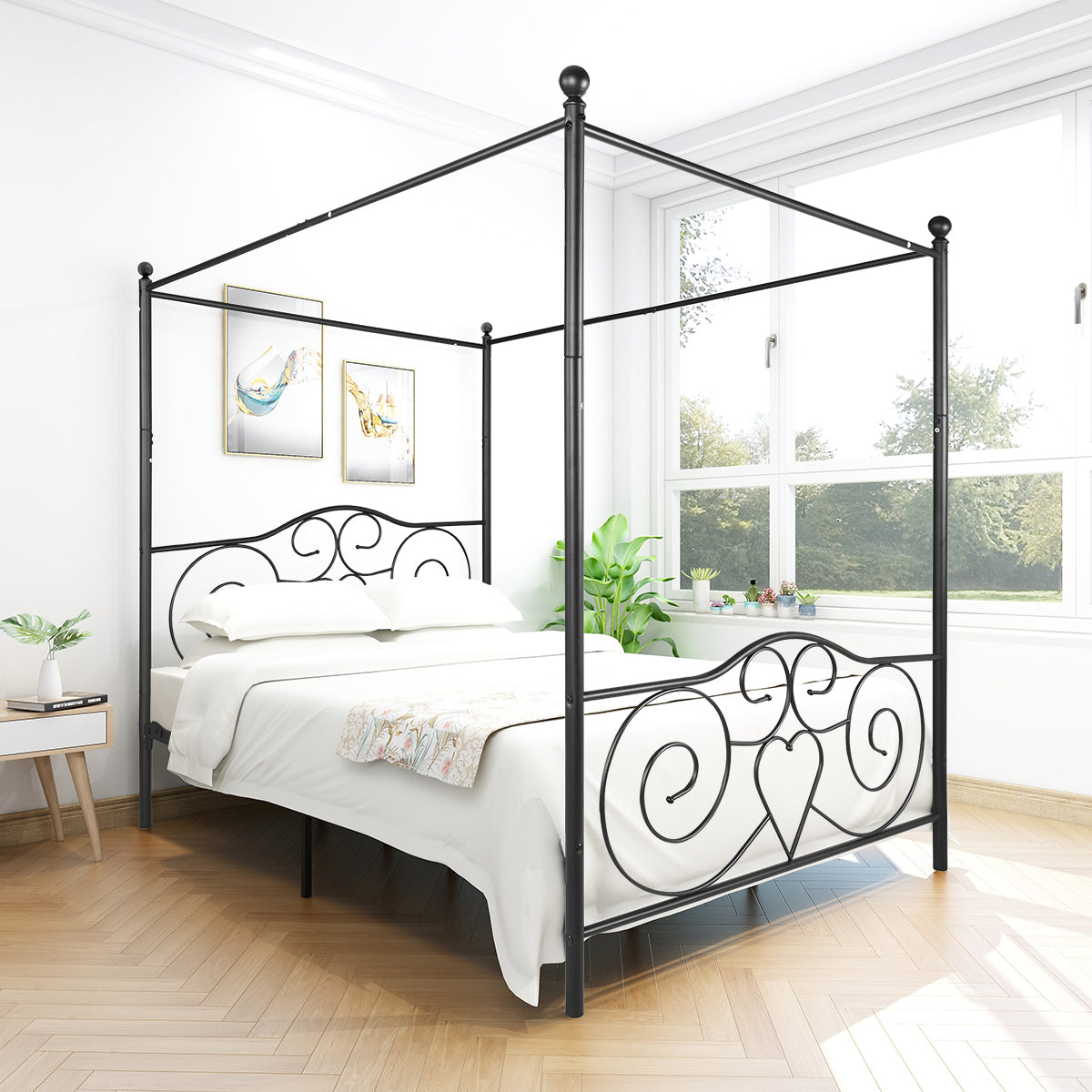 Metal Canopy Bed Frame with Vintage Style Headboard & Footboard , Easy DIY Assembly All Parts Included, Queen Black(same as 748G-BK) W84036133-djyc