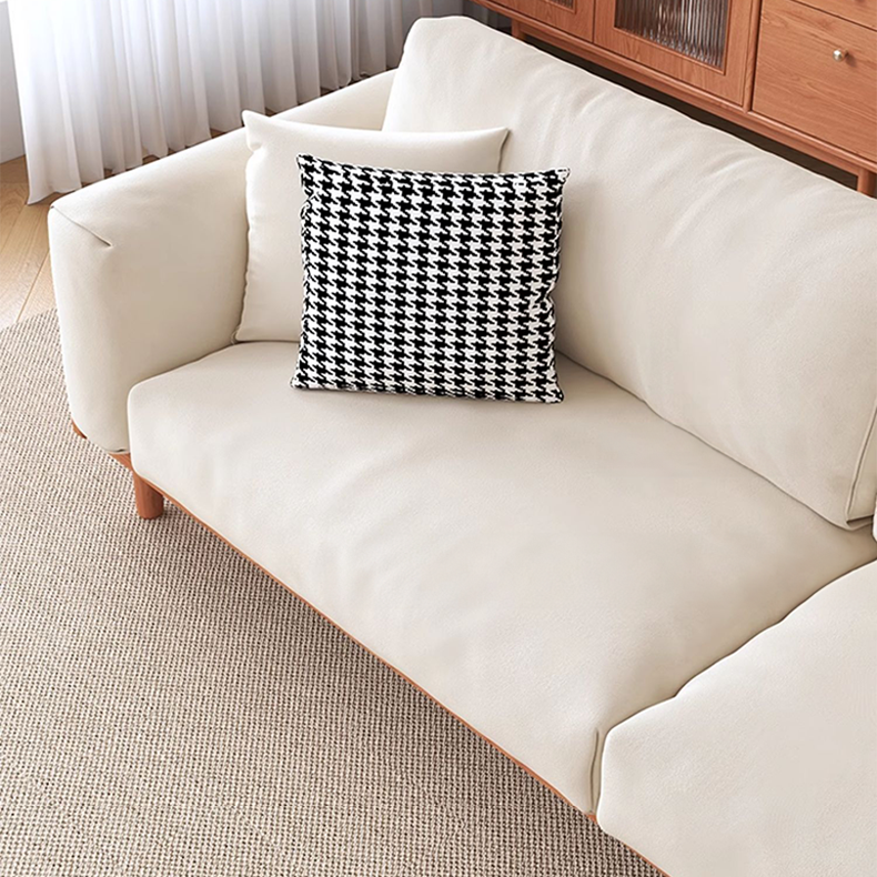 Modern Beige Gray Sofa with Light Brown and Blue Accents Featuring Green Cotton Cushions | Cherry Wood & Ash Wood Frame fcp-1280
