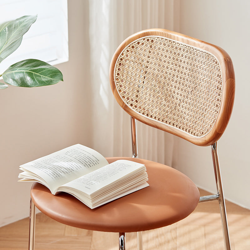 Stylish Light Brown Ash Wood Chair with Rattan Back and Faux Leather Seat fcp-1283