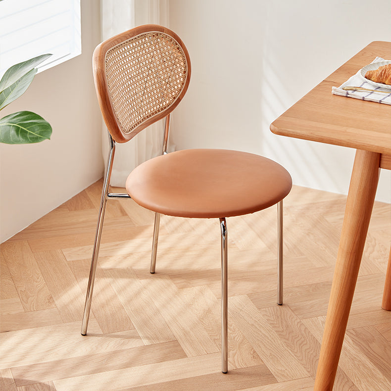 Stylish Light Brown Ash Wood Chair with Rattan Back and Faux Leather Seat fcp-1283