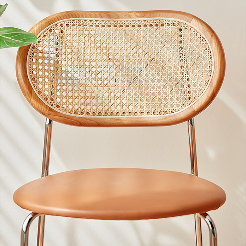 Stylish Light Brown Ash Wood Chair with Rattan Back and Faux Leather Seat fcp-1283