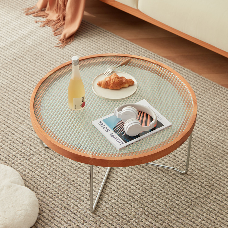 Elegant Cherry Wood & Glass Tea Table - Stylish Natural Finish for Modern Living Rooms fcp-1290