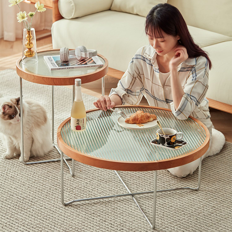 Elegant Cherry Wood & Glass Tea Table - Stylish Natural Finish for Modern Living Rooms fcp-1290