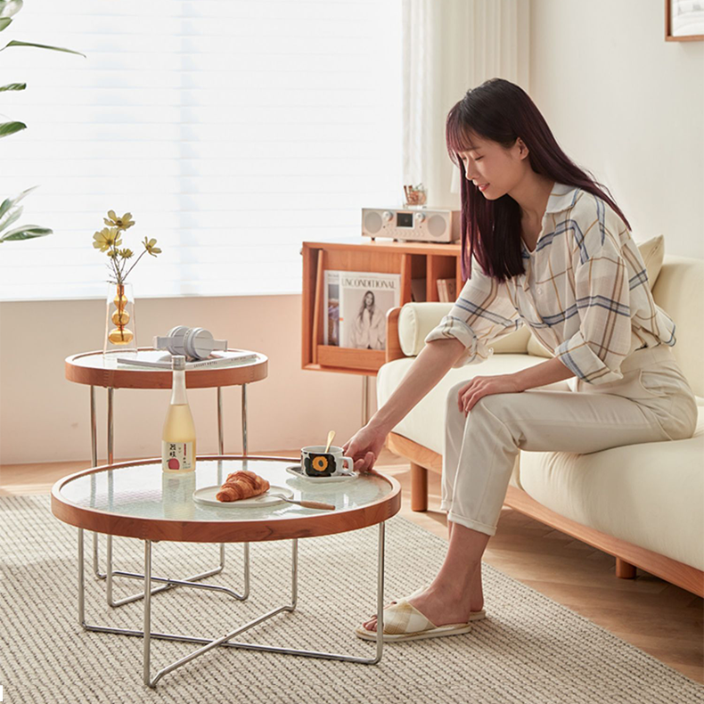 Elegant Cherry Wood & Glass Tea Table - Stylish Natural Finish for Modern Living Rooms fcp-1290