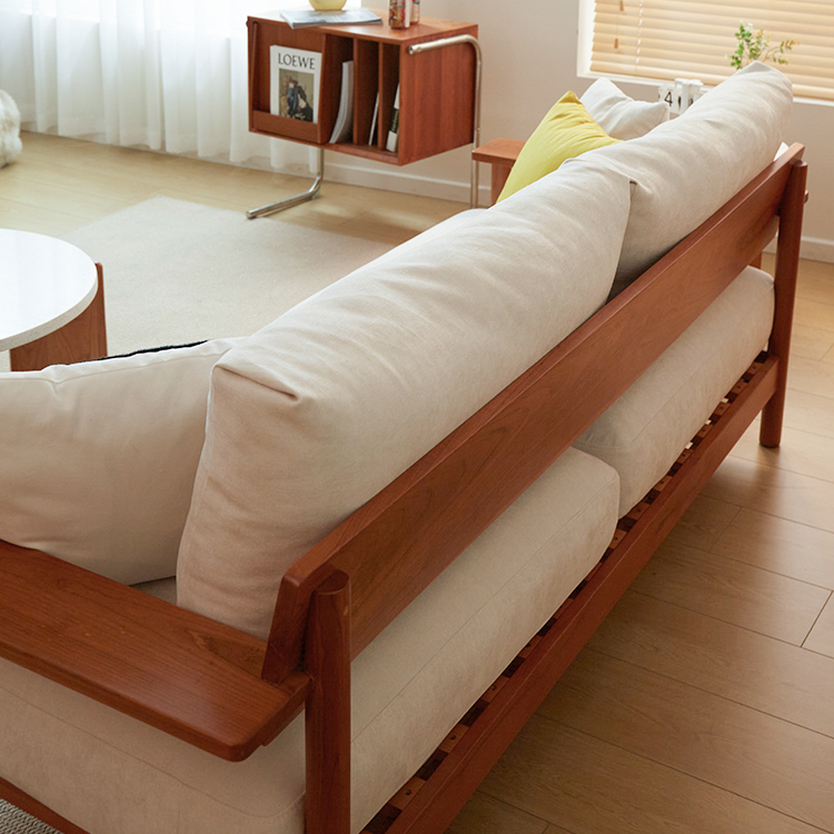 Elegant White Sofa with Green and Light Brown Accents on Cherry and Ash Wood Frame – Cotton-Linen Blend Upholstery fcp-1292