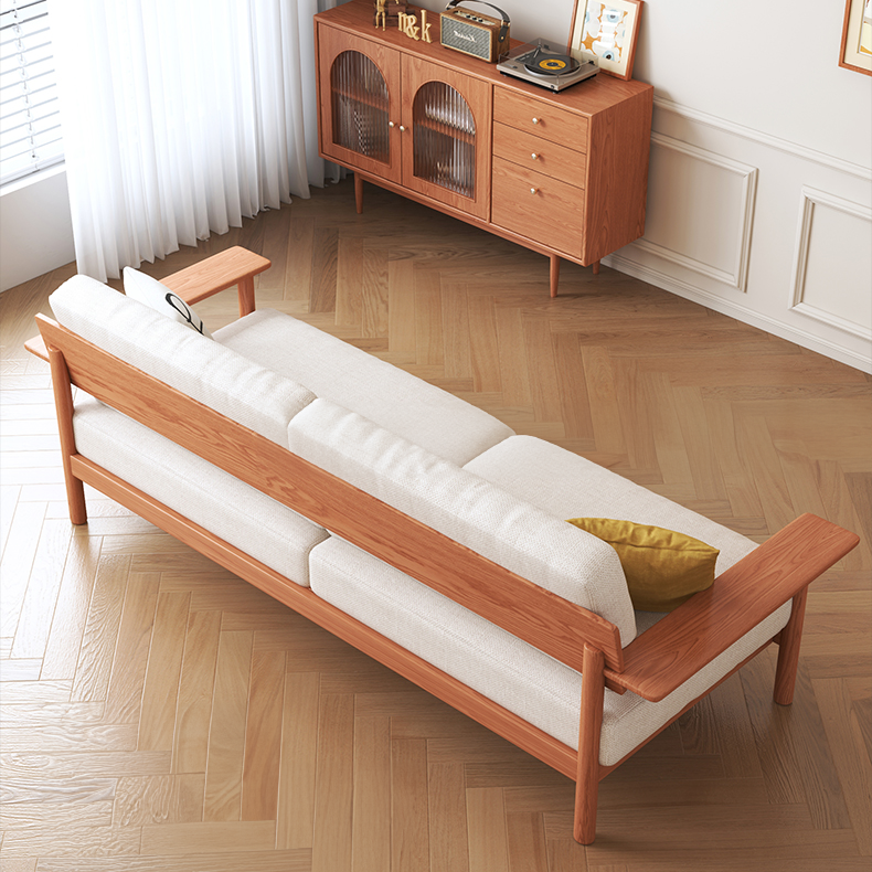 Elegant White Sofa with Green and Light Brown Accents on Cherry and Ash Wood Frame – Cotton-Linen Blend Upholstery fcp-1292