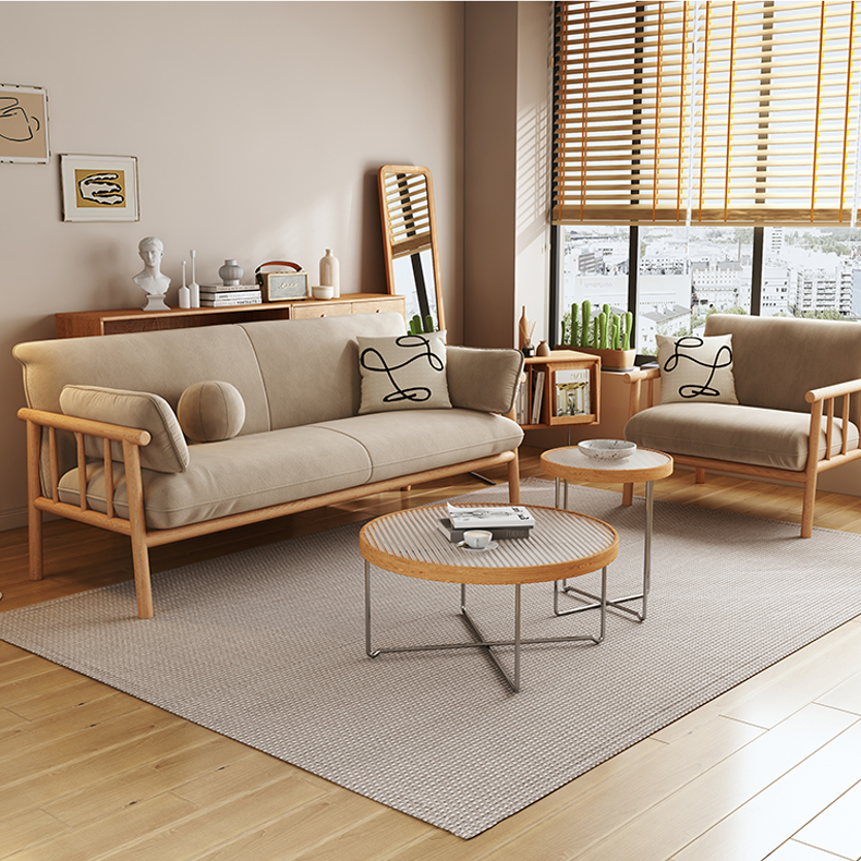 Modern Multi-Color Sofa with Faux Leather and Oak Wood Accents - Beige, Yellow, Gray, Blue, Green, Light Brown fcp-1293