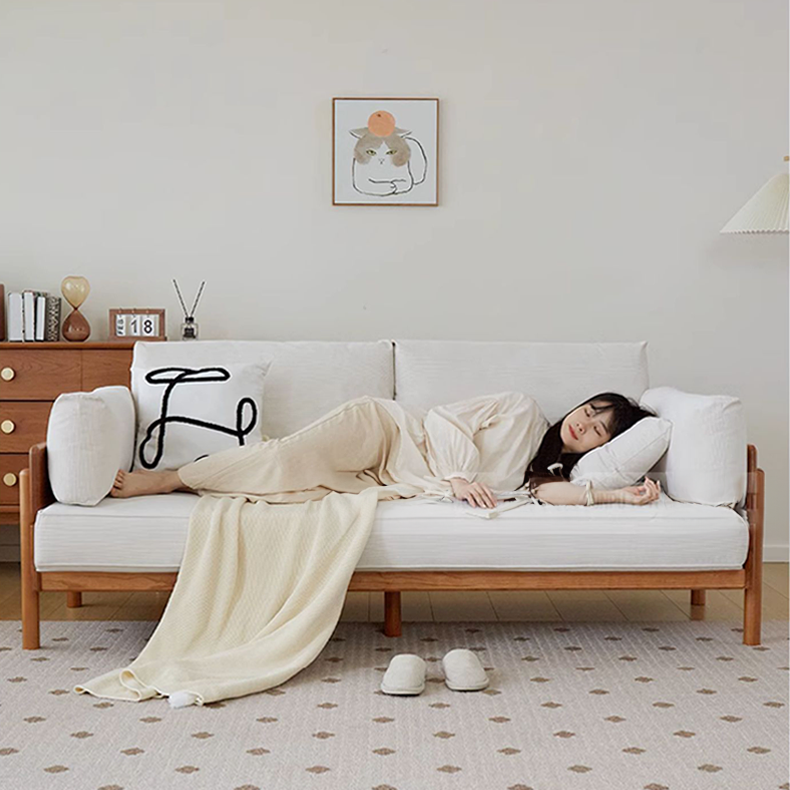 Chic Sofa in Beige and Light Brown with Green Accents and Cherry or Ash Wood Finish - Cotton Corduroy Fabric fcp-1295