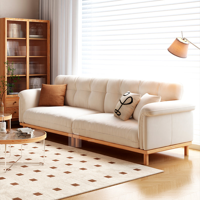 Elegant Beige Sofa with Light Brown Ash Wood Frame - Cotton & Faux Leather Upholstery fcp-1297
