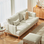 Luxury Goose Down Sofa with Light Gray Cotton and Beige Faux Leather Accents, Cherry Wood Frame fcp-1298
