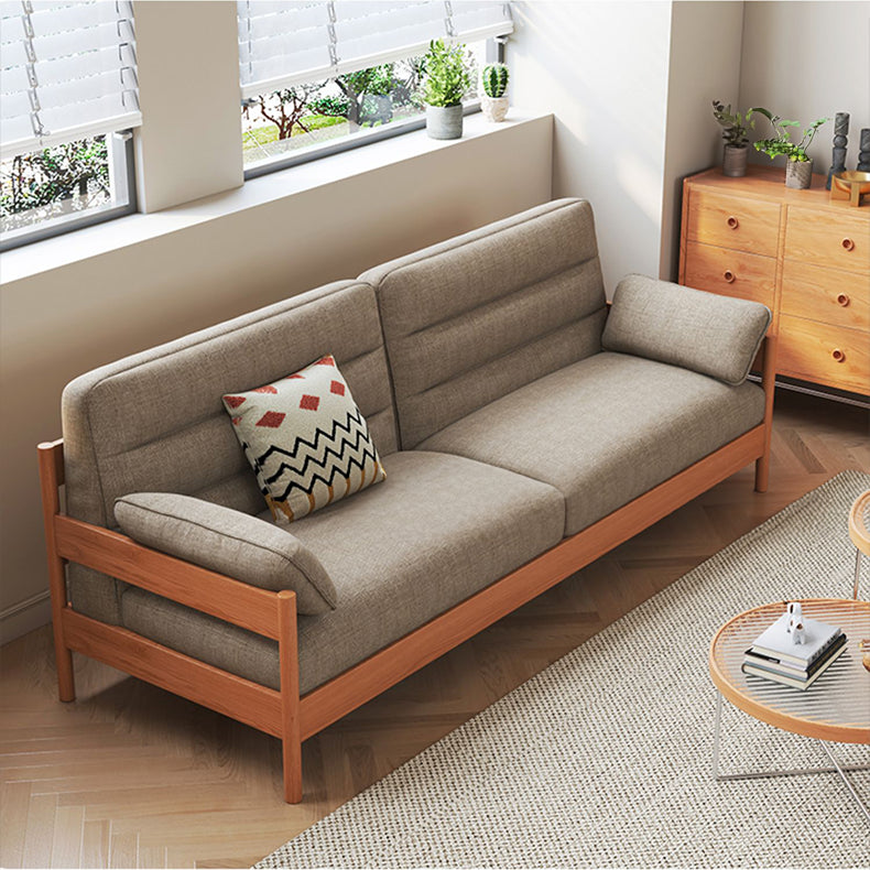 Elegant Cotton-Linen Sofa in White, Light Brown, and Gray with Cherry and Ash Wood Accents fcp-1299