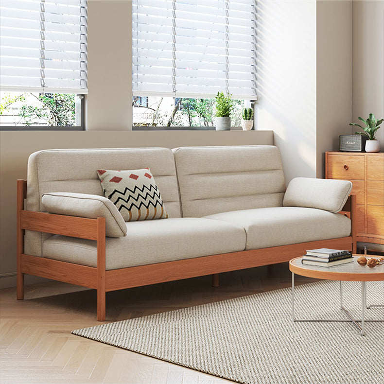 Elegant Cotton-Linen Sofa in White, Light Brown, and Gray with Cherry and Ash Wood Accents fcp-1299